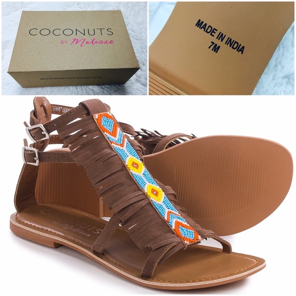 Coconuts x Matisse Brown Fringe Suede Beaded Boho Sandals Size 7 NEW - Picture 2 of 4