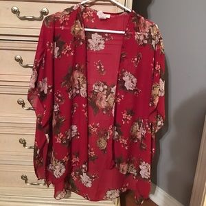 Maroon and floral kimono.