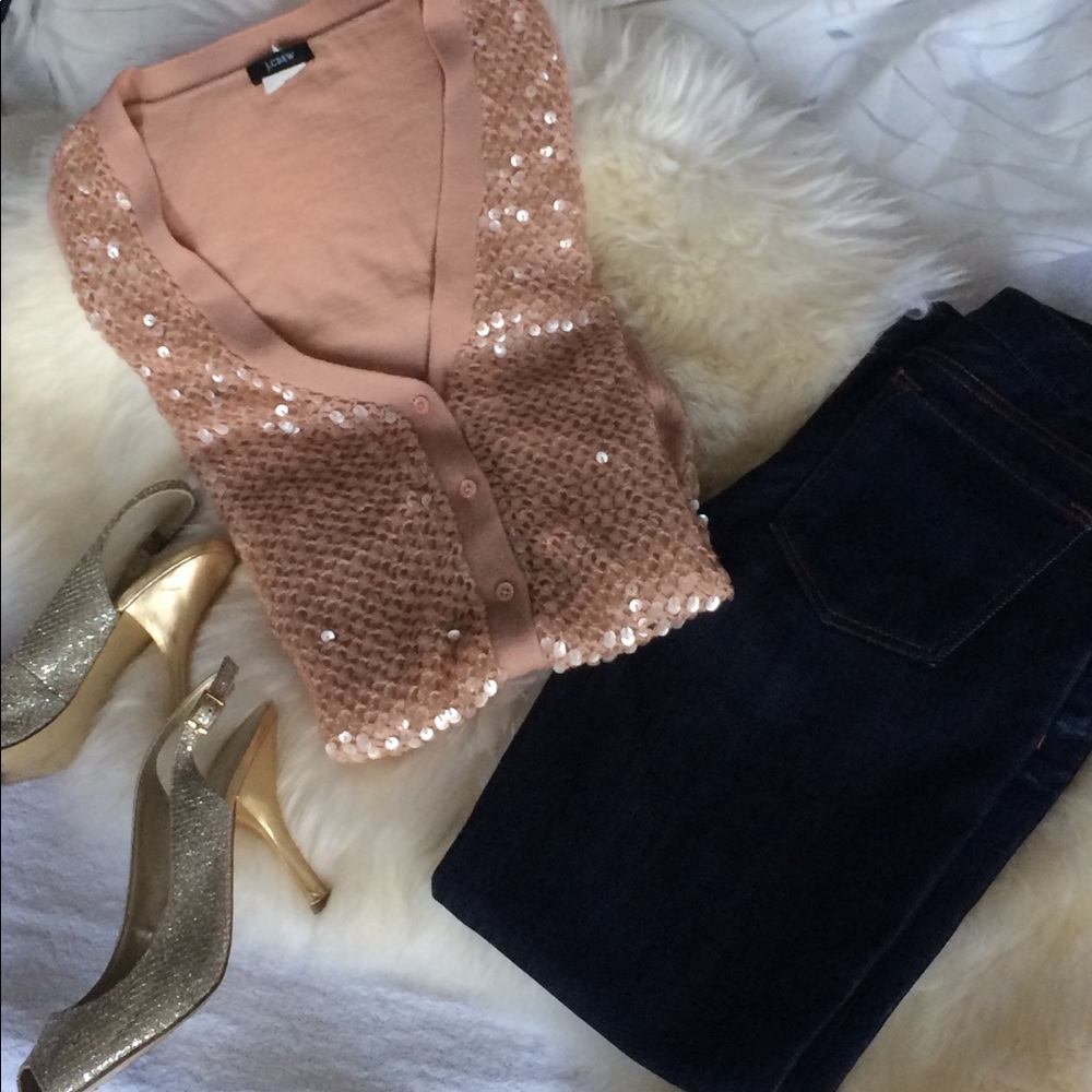 J.Crew Pink Merino Wool Crochet Paillette Cardigan