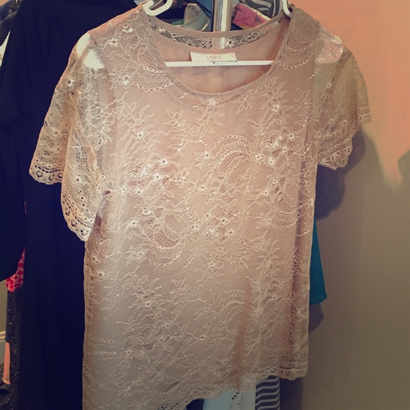 LOFT Tan Scalloped Edge Lace Shirt