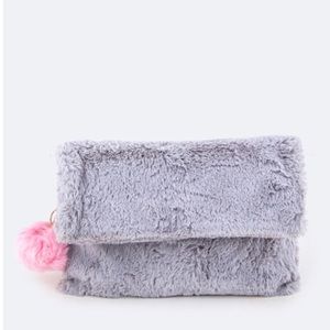 Faux Fur Fold Over Clutch w/ Pom Pom Keychain Faux Fur Fold Over Clutch w/ Pom Pom Keychain