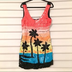 Asos Sequin Palm Beach Print Sleeveless Dress