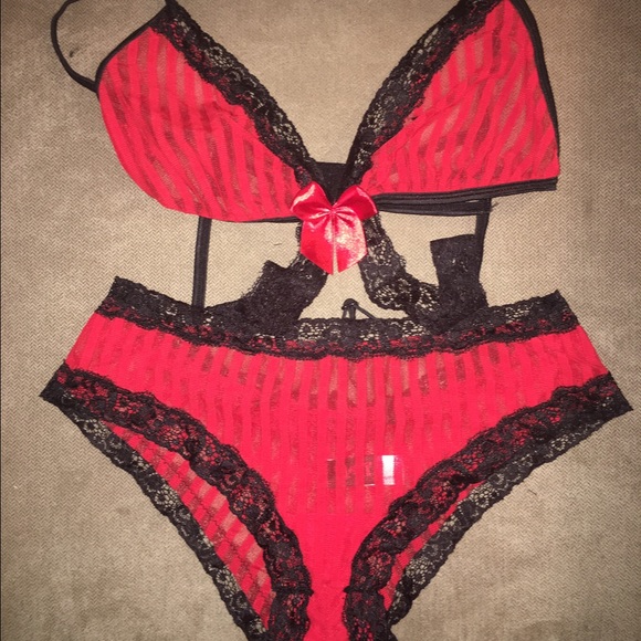 Red mesh and lace lingerie outfit