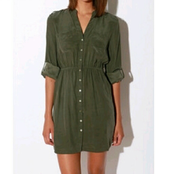 UO Olive Silk Shirt Dress