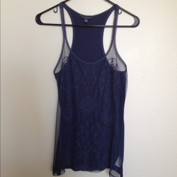American Eagle Navy Beaded Mesh Racerback Tank