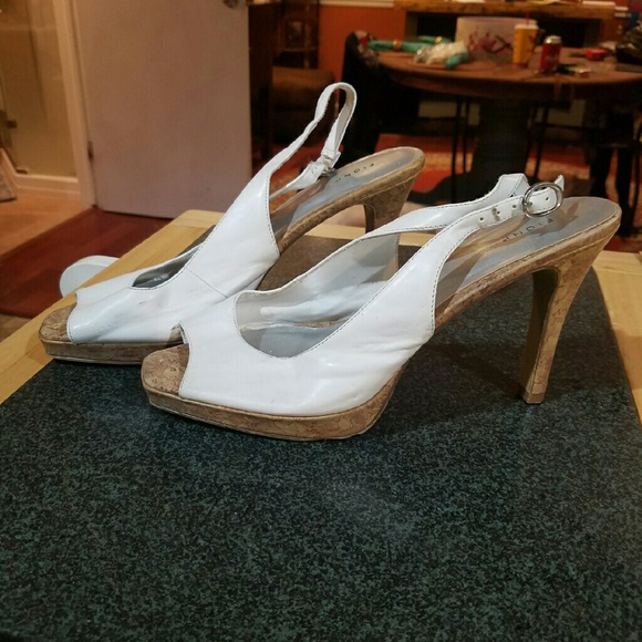 White platform peep toe sling backs