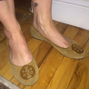 Tory Burch suede logo flats in camel color