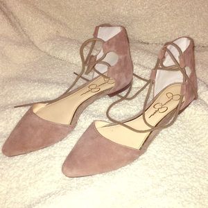 Jessica Simpson taupe ankle wrap flats
