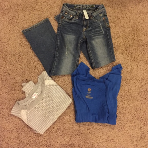 SIZE 8 girls BUNDLE JUSTICE TOP/JEANS W/CARDIGAN