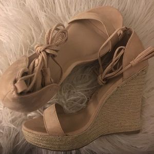Cream wedge sandals with ankle ties