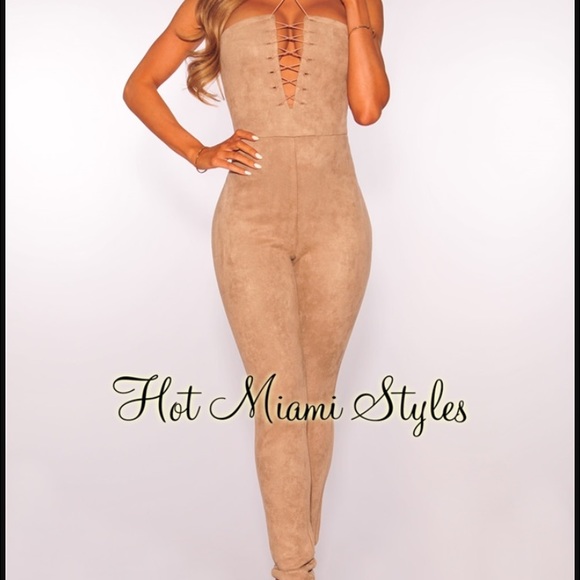 NWT sexy light taupe faux suede lace up jumpsuit<3