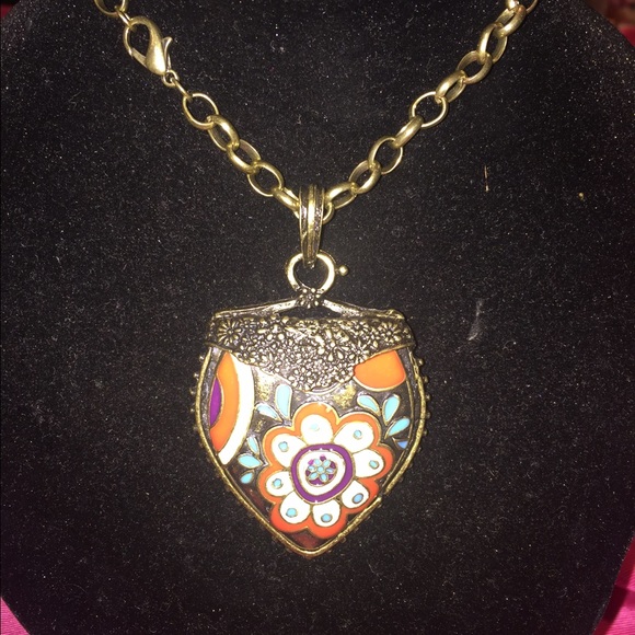 Multicolored owl necklace, inspiration on back.