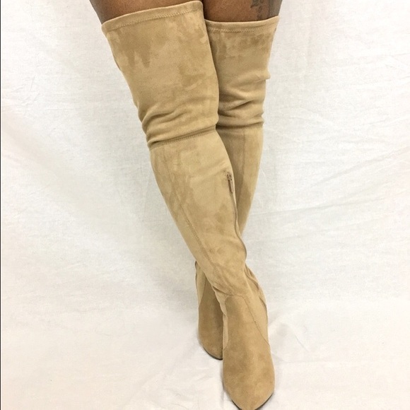 Natural Faux Suede Thigh High Boots
