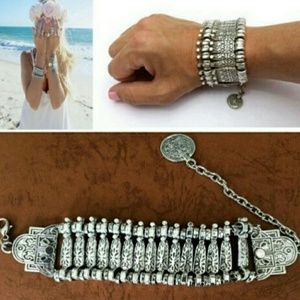 Boho Dangle Silver Coin Chunky Bracelet
