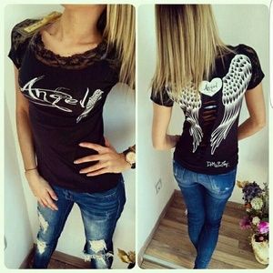 Black angel wing T-shirt w/ lace trim and slit bac