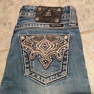 Size 27 boot cut "Miss Me" jeans, w/ lace patches