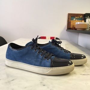 Lanvin blue suede/patent leather sneaker.