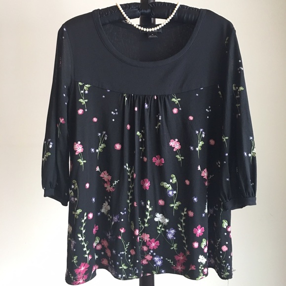 Style & co black floral 3/4 sleeve blouse medium