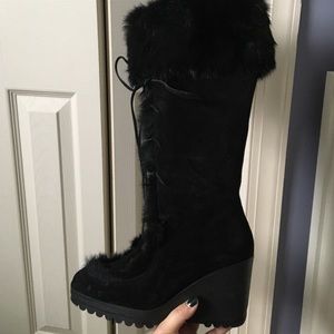 Coach black faux fur accent wedge boots lace up