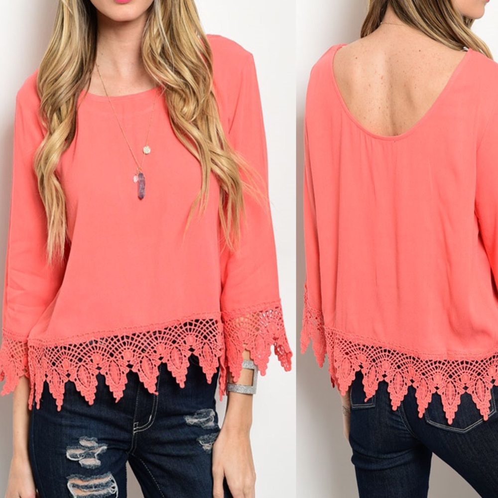 Coral Crochet Top 3/4 Sleeves - Picture 2 of 8