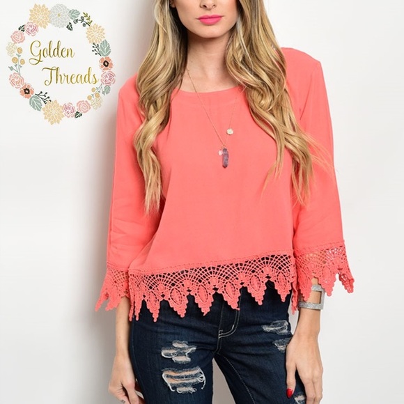 Coral Crochet Top 3/4 Sleeves - Picture 5 of 8