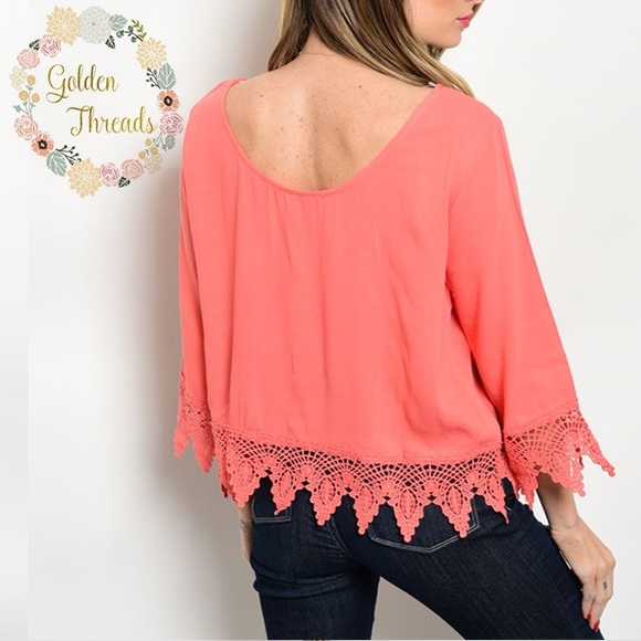 Coral Crochet Top 3/4 Sleeves - Picture 6 of 8