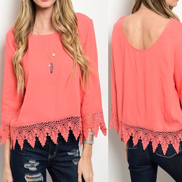 Coral Crochet Top 3/4 Sleeves - Picture 2 of 8