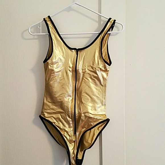 American Apparal Gold Zip Up Leotard / Bodysuit