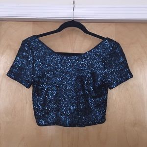 Navy blue Short sleeve sequins crop top
