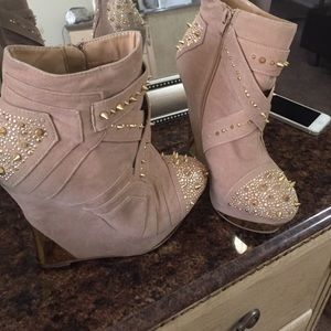 Taupe and gold spiked wedge booties