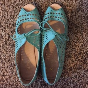 Teal peep toe vintage style flats
