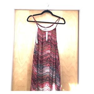 Red Aztec like A-line print dress. Keyhole front