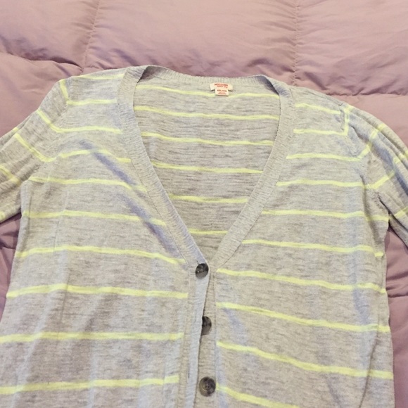 Cardigan. Gray with lime green stripes