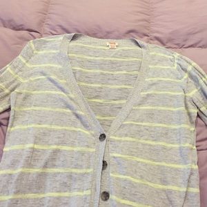 Cardigan. Gray with lime green stripes