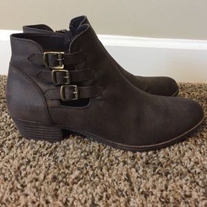 Brown booties with cut out side buckles