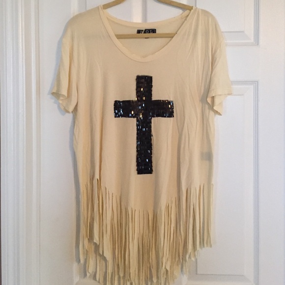 Fringe top with cross embellishment