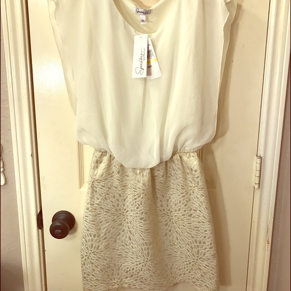 Cream Blouson Dress w/ Cream & Gold Jacquard Skirt