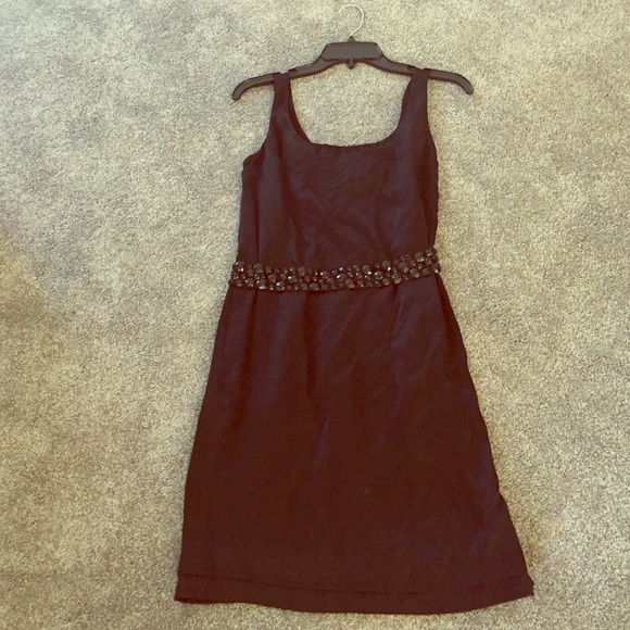 black silk mini dress with beaded belt.