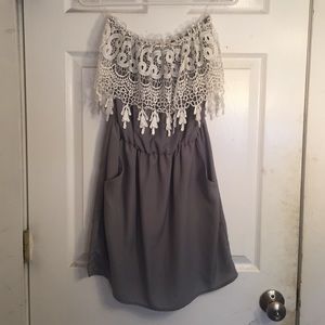 Grey strapless lace dress