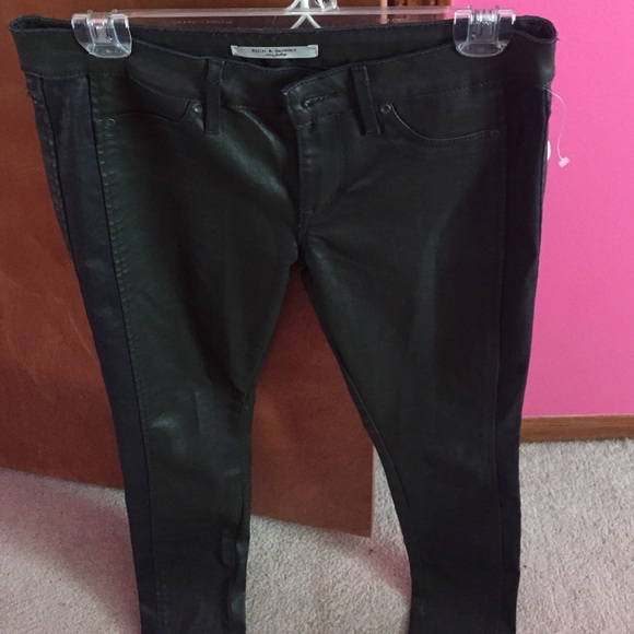Green leather jeans w black stripe down leg