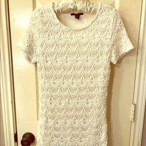 White Crochet Short Sleeve Fitted Dress