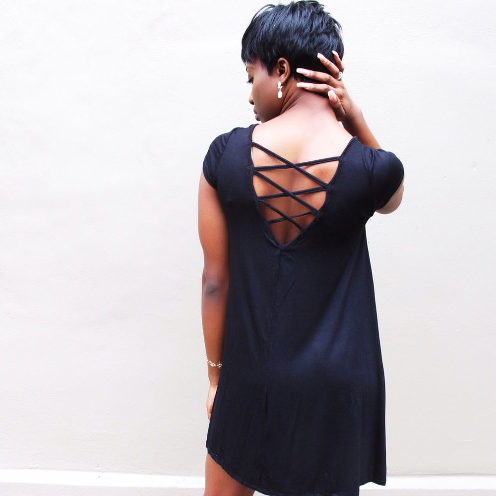 Short sleeve swing jersey dress with strappy back