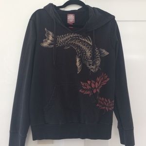 Lucky Brand Black Koi Fish Hoodie w/ Front Pocket