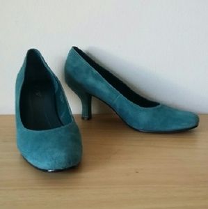 Teal suede pumps