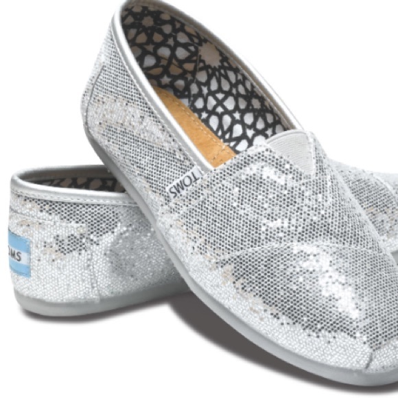 TOMS Shoes - TOMS Silver Glitter Slip Ons Size 6
