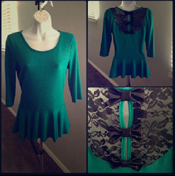 Black Lace and Bow back, Emerald Peplum Top - Picture 1 of 3