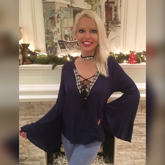 Brilliant blue bell sleeve lace up top! - Picture 2 of 3