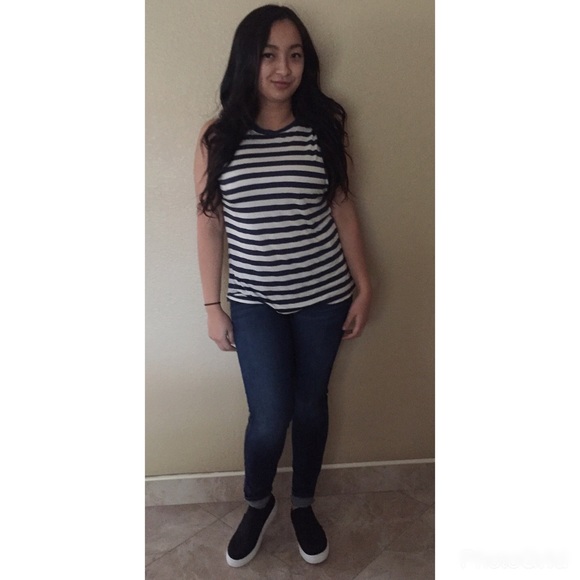 Sleeveless navy & white striped top