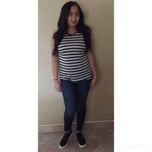 Sleeveless navy & white striped top