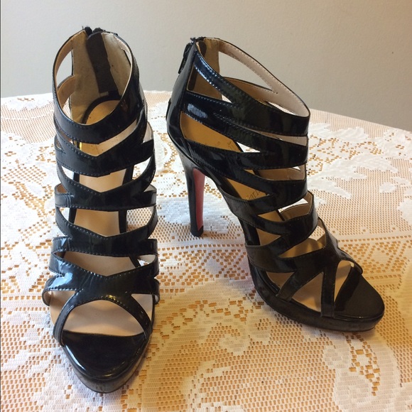 Caged Black Faux Leather Heels